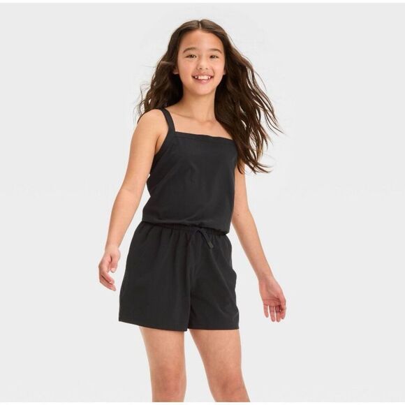 All In Motion Black Athletic Sleeveless Drawstring Woven Romper Girls M Medium 8 - Picture 1 of 3